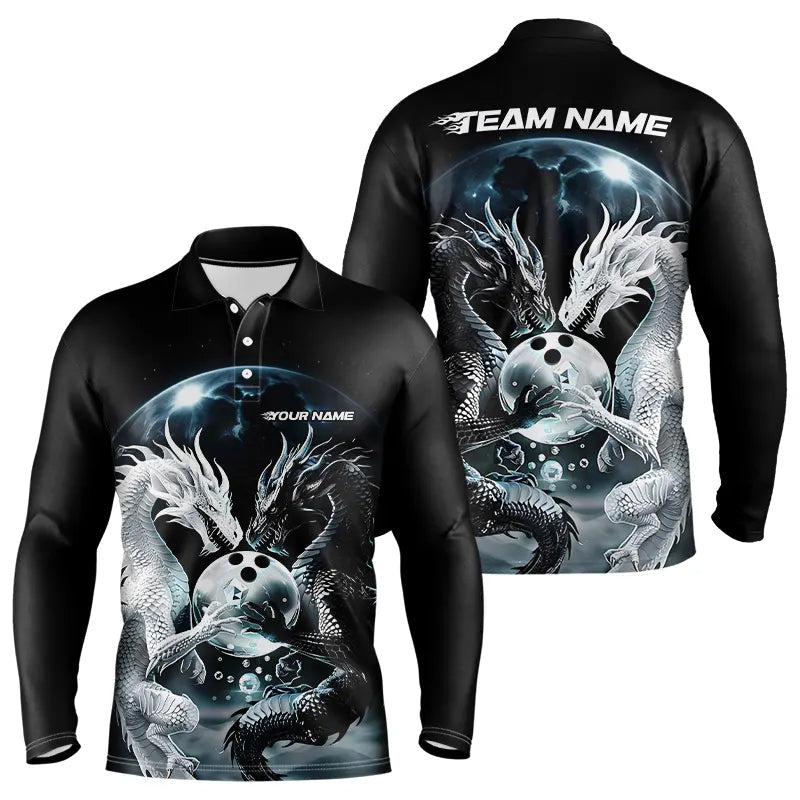 Black And White Dragon Custom Bowling Long Sleeve Polo Shirts For Men, Dragon Bowling League Shirt IPHW7064