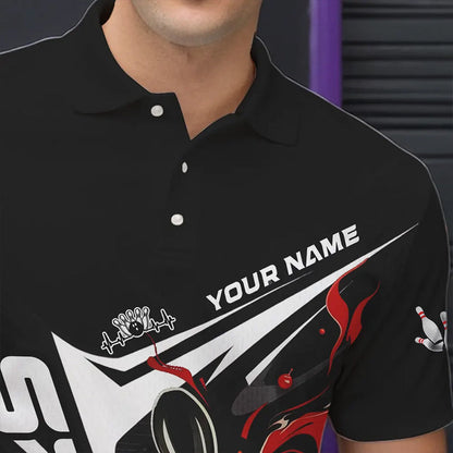 Custom Black And Red Flame Strike Bowling Polo Shirts For Men, Strike Bowling Jerseys IPHW8312