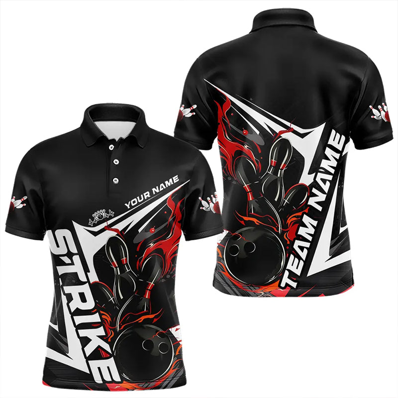 Custom Black And Red Flame Strike Bowling Polo Shirts For Men, Strike Bowling Jerseys IPHW8312