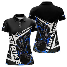 Load image into Gallery viewer, Custom Black And Blue Flame Strike Bowling Polo Shirts For Women, Strike Bowling Jerseys IPHW8313
