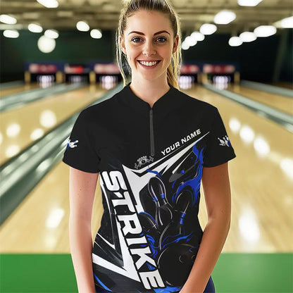 Custom Black And Blue Flame Strike Womens Bowling Quarter-Zip Shirts, Strike Bowling Jerseys IPHW8313