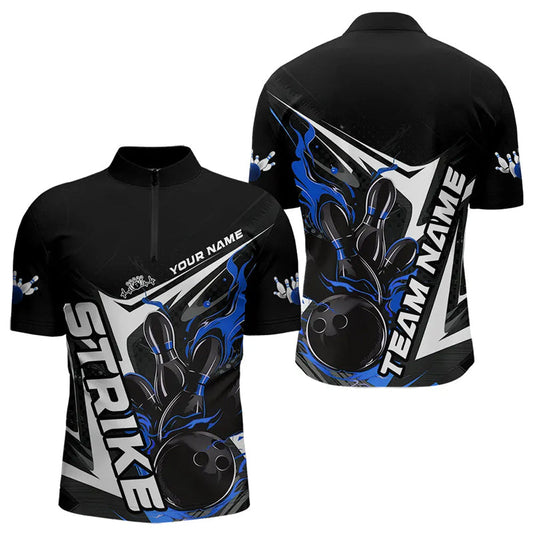 Custom Black And Blue Flame Strike Bowling Quarter-Zip Shirts For Men, Strike Bowling Jerseys IPHW8313