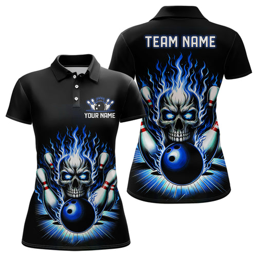 Personalized Skull Bowling Shirt For Women Custom Team'S Name Flame Bowler Jerseys | Blue IPHW6012