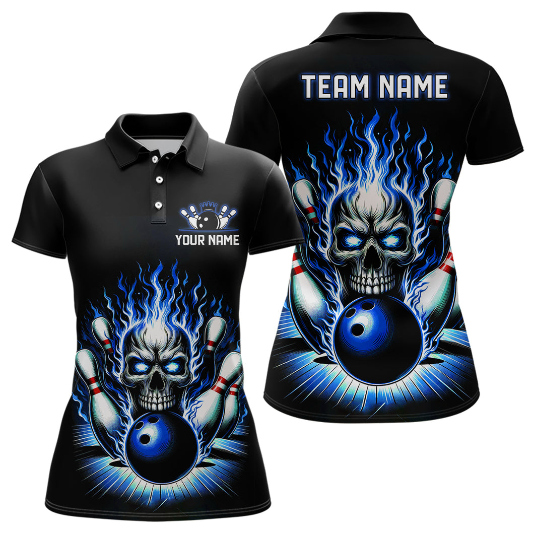 Personalized Skull Bowling Shirt For Women Custom Team'S Name Flame Bowler Jerseys | Blue IPHW6012