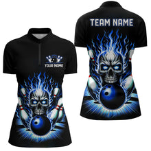 Load image into Gallery viewer, Personalized Skull Bowling Shirt For Women Custom Team&#39;S Name Flame Bowler Jerseys | Blue IPHW6012