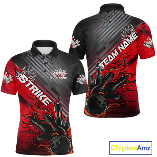 Custom Red Strike Flame Bowling Polo Shirts For Men, Bowling Team Shirt Bowlers Outift IPHW9615