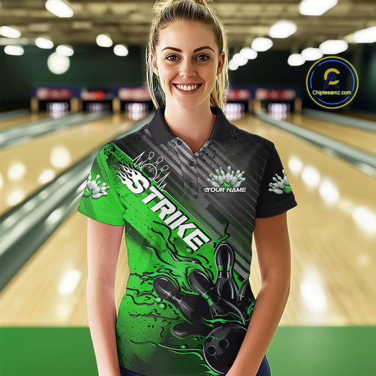 Custom Green Strike Flame Bowling Polo Shirt For Women, Bowling Team Shirt Bowlers Outift IPHW9616