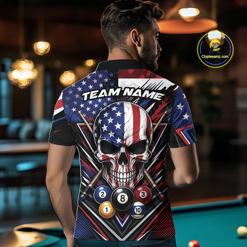 Custom Patriotic American Flag Skull Billiards Men Polo Shirt, US Flag Pool Jersey IPHW11784
