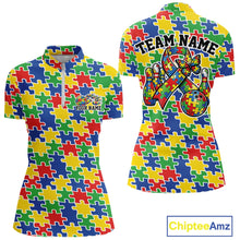 Load image into Gallery viewer, Front and back view of a women’s quarter-zip bowling shirt mockup featuring seamless multicolored puzzle piece print in red, blue, green, and yellow.