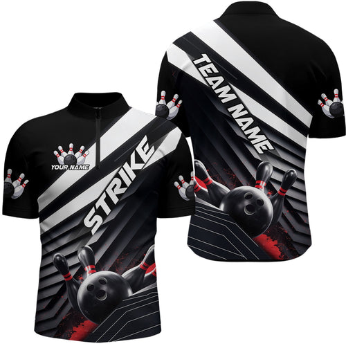 Custom Black And Red Strike Bowling Quarter-Zip Shirts For Men, Bowling Team Uniform IPHW9627