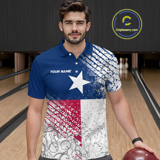 Custom Grunge Texas Flag Bowling Team Polo Shirts For Men, Texas Bowling Tournament Shirt IPHW9633