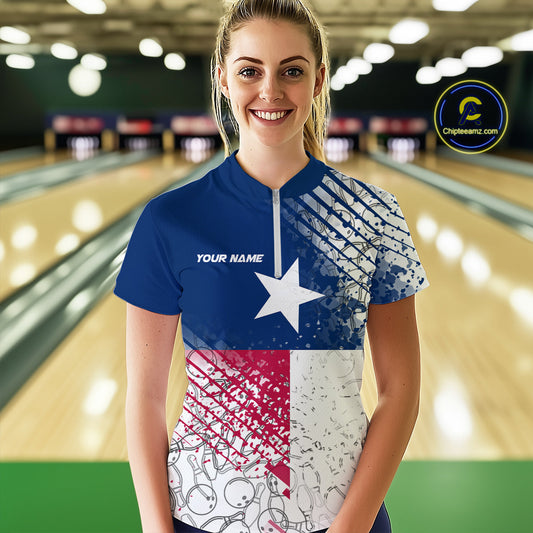 Custom Grunge Texas Flag Bowling Women Quarter Zip Shirt, Texas Bowling Tournament Shirt IPHW9633