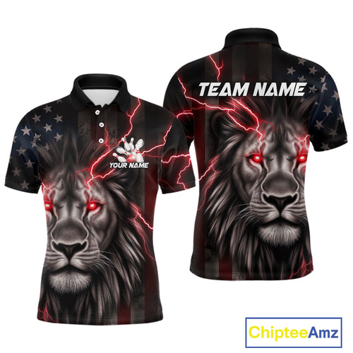 Custom Red Thunder Lightning Patriotic Lion Polo Shirts For Men, US Flag Bowling Jerseys IPHW9319