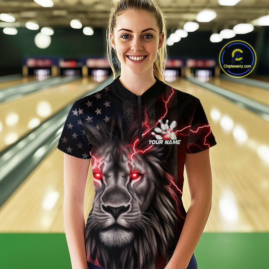 Custom Red Thunder Lightning Patriotic Lion Women Quarter-Zip Shirt, US Bowling Jersey IPHW9319