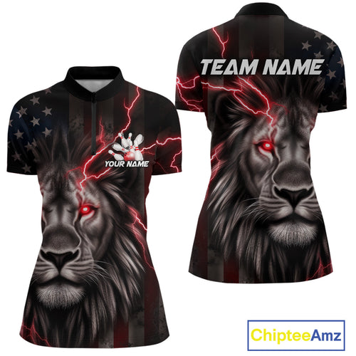 Custom Red Thunder Lightning Patriotic Lion Women Quarter-Zip Shirt, US Bowling Jersey IPHW9319