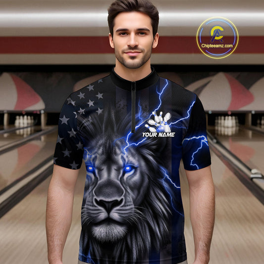Custom Blue Thunder Lightning Patriotic Lion Quarter-Zip Shirts For Men, US Flag Bowling Jerseys IPHW9320