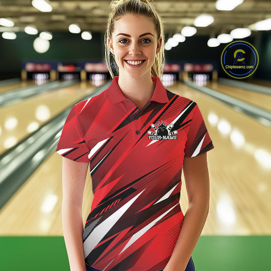 Woman wearing a red bowling shirt with a logo on a bowling alley background