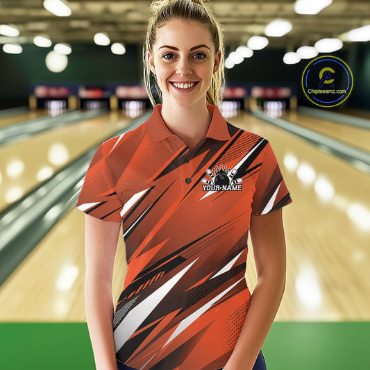 Woman wearing a custom bowling shirt with a logo and text in a bowling alley.