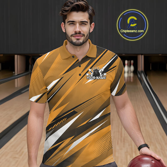 Man wearing a custom bowling shirt with a bowling alley background