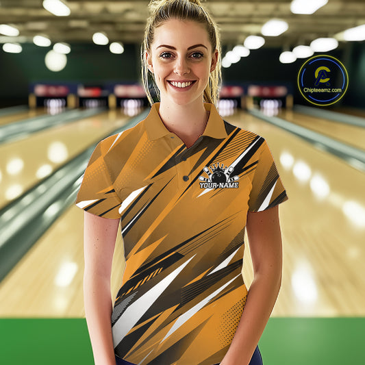 Woman wearing a custom bowling shirt with a logo in a bowling alley
