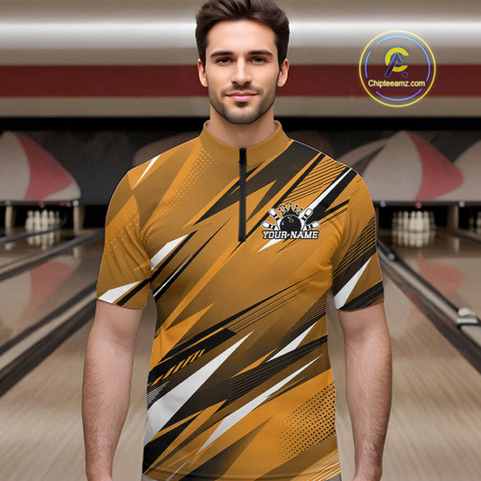 Man wearing a bowling shirt with a logo and text in a bowling alley.