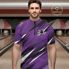 Load image into Gallery viewer, Man wearing a purple bowling shirt with a logo in a bowling alley.