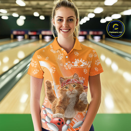 Custom Funny Orange Cat Bowling Women Polo Shirt, Cat Paw Team Bowling Shirt IPHW10103
