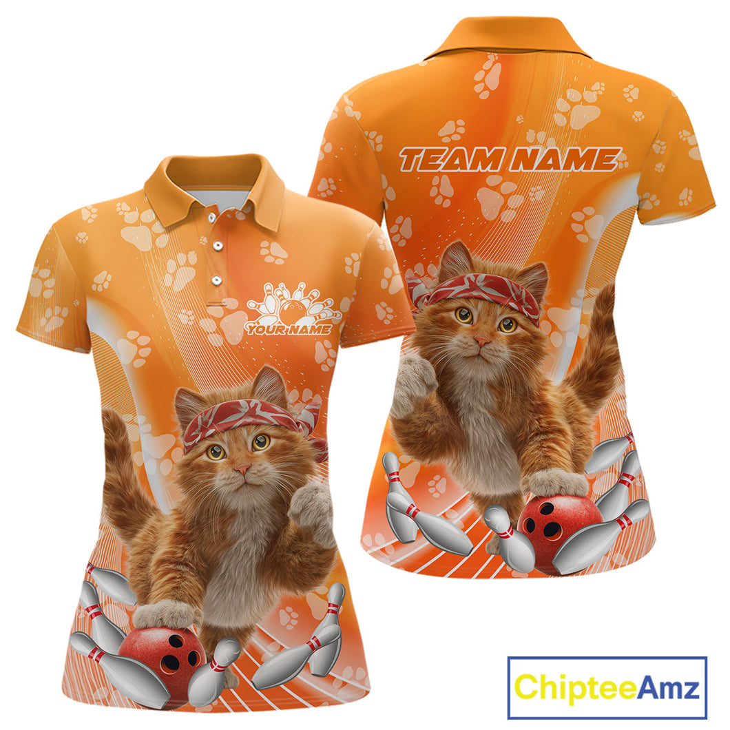 Custom Funny Orange Cat Bowling Women Polo Shirt, Cat Paw Team Bowling Shirt IPHW10103