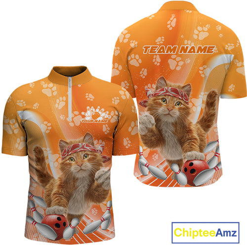 Custom Funny Orange Cat Bowling Men Quarter-Zip Shirt, Cat Paw Team Bowling Shirt IPHW10103