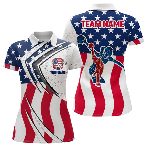 American Flag Custom Bowling Team Polo Shirts For Women, Patriotic Bowling Jerseys IPHW5215