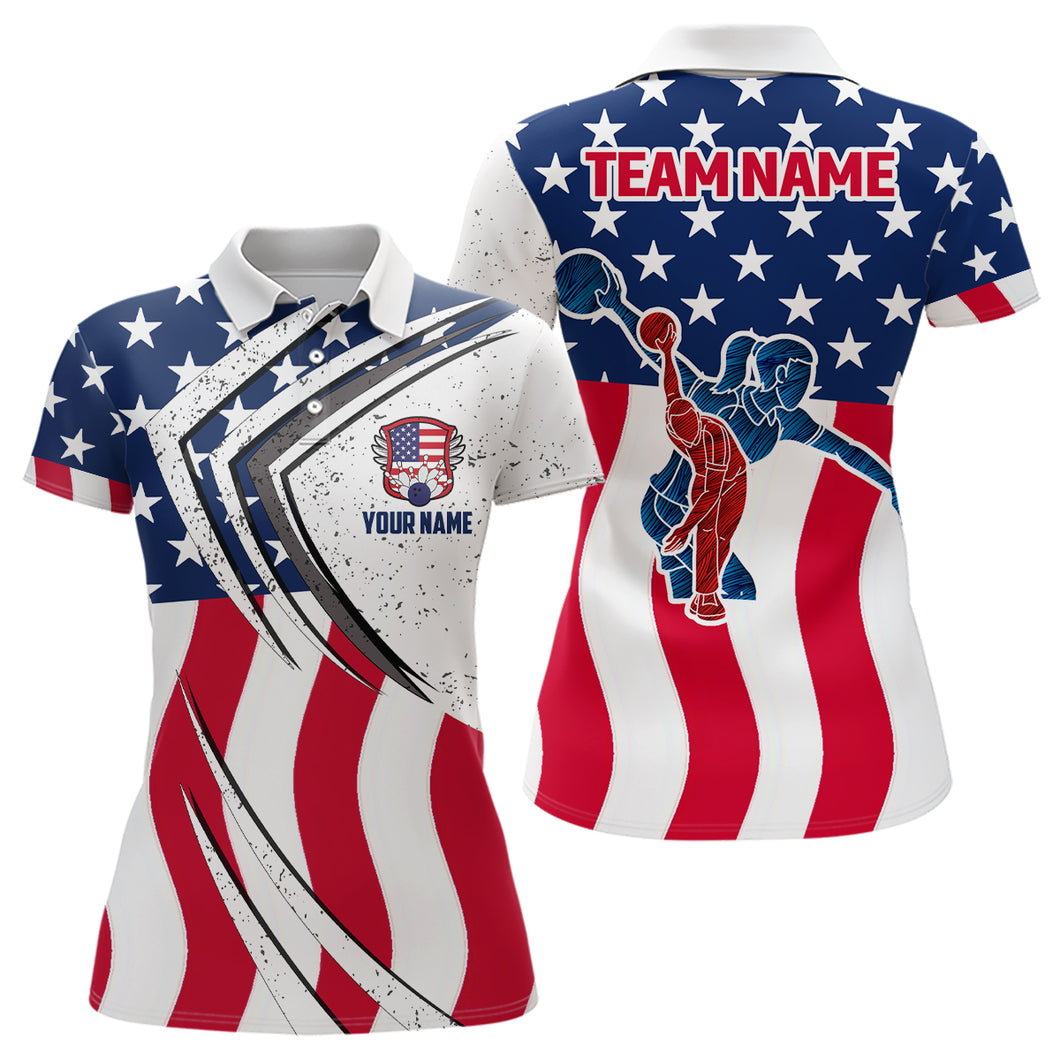 American Flag Custom Bowling Team Polo Shirts For Women, Patriotic Bowling Jerseys IPHW5215