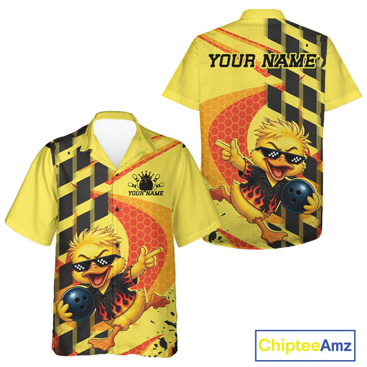 Custom short-sleeve bowling jersey shown from the front and back on a white background. The shirt is bright yellow with black and orange diagonal hazard stripes, a cartoon bowling bird graphic, and customizable text placeholders 'YOUR NAME' on the chest and back.