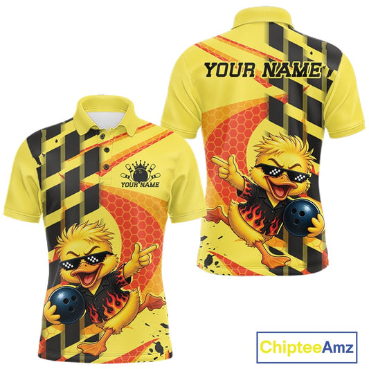 Custom short-sleeve polo shirt shown from the front and back in yellow, black, and orange, featuring a cartoon bowling duckling graphic and customizable text 'YOUR NAME'.
