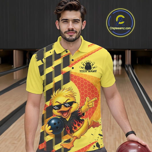A man wearing a bright yellow bowling-themed polo shirt with a cartoon bird graphic, black and yellow checkered pattern, and orange honeycomb design, standing in a bowling alley. A circular 'Chipleamz.