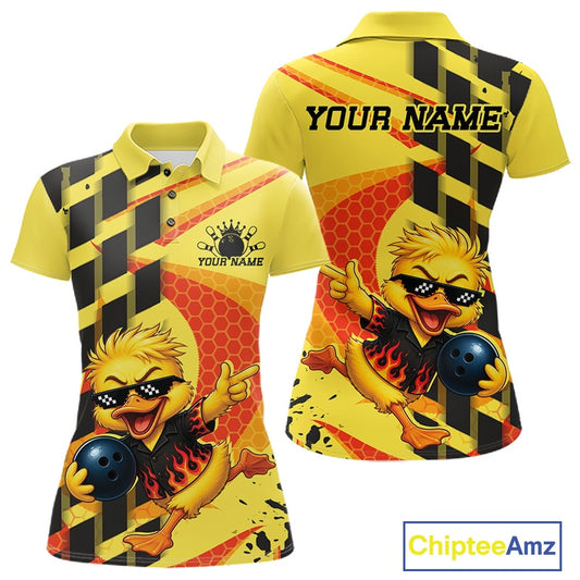 Front and back views of a yellow short-sleeve polo shirt with a cartoon bowling chick graphic, black and yellow hazard stripes,a orange honeycomb pattern, and customizable text placeholders.