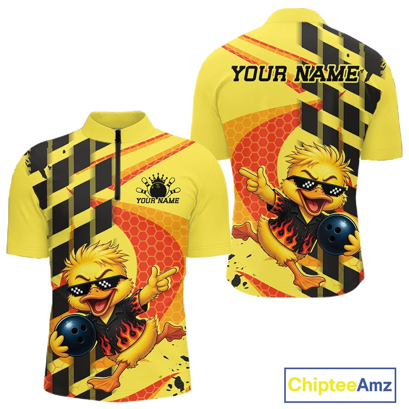 Custom bowling-themed short-sleeve polo shirt shown from the front and back. The shirt features a bright yellow base with black and orange diagonal stripes, a cartoon chick character wearing black sunglasses and holding a bowling ball, a honeycomb pattern, and customizable text reading 'YOUR NAME'.
