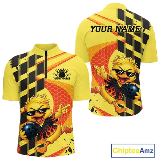 Custom bowling-themed short-sleeve quarter zip shirt shown from the front and back. The shirt features a bright yellow base with black and orange diagonal stripes, a cartoon chick character wearing black sunglasses and holding a bowling ball, a honeycomb pattern, and customizable text reading 'YOUR NAME'.