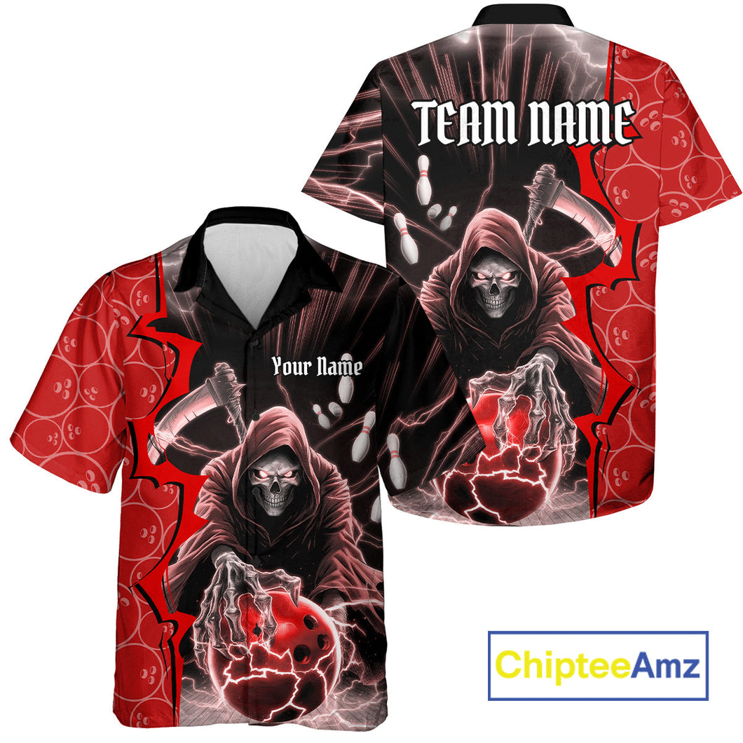 Custom Red Thunder Lightning Grim Reaper Bowling Men And Women Hawaiian Shirt, Halloween Bowler Outfit IPHW9840