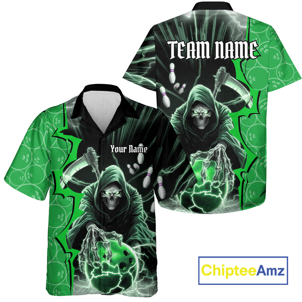 Custom Green Thunder Lightning Grim Reaper Bowling Men And Women Hawaiian Shirt, Halloween Bowler Outfit IPHW9841
