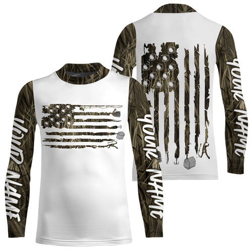Custom Patriotic Camo Kid Long Sleeve Fishing Shirts, American Flag Fishing Tools Shirts IPHW9125