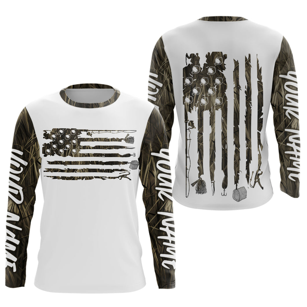 Custom Patriotic Camo Long Sleeve Fishing Shirts, American Flag Fishing Tools Shirts IPHW9125