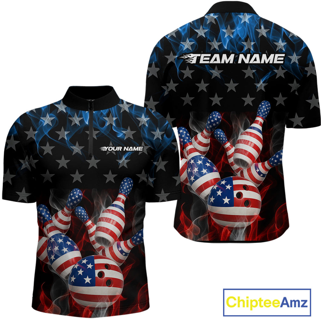 Custom Red And Blue Flame American Flag Patriotic Bowling Men Quarter-Zip Shirts, Team Uniform IPHW9716