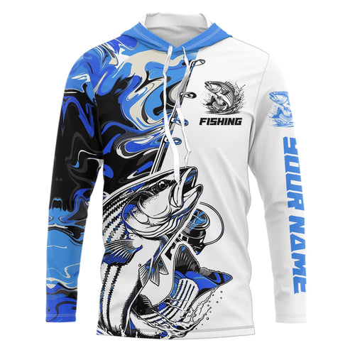 Personalized Striped Bass Fishing Blue Camo Long Sleeve Hooded Fishing Shirts For Men IPHW9128