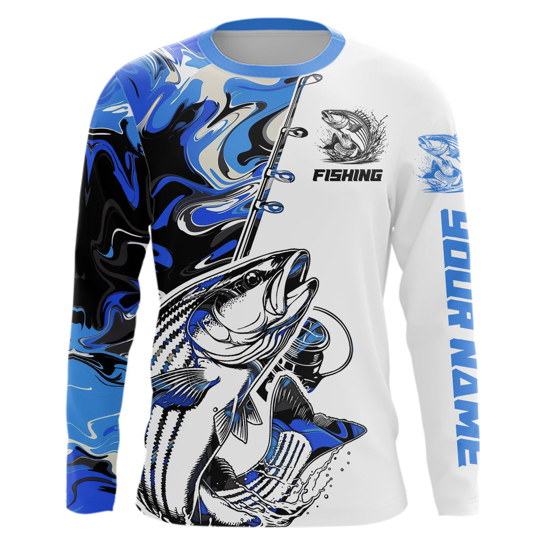Personalized Striped Bass Fishing Blue Camo Long Sleeve Fishing Shirts For Men IPHW9128