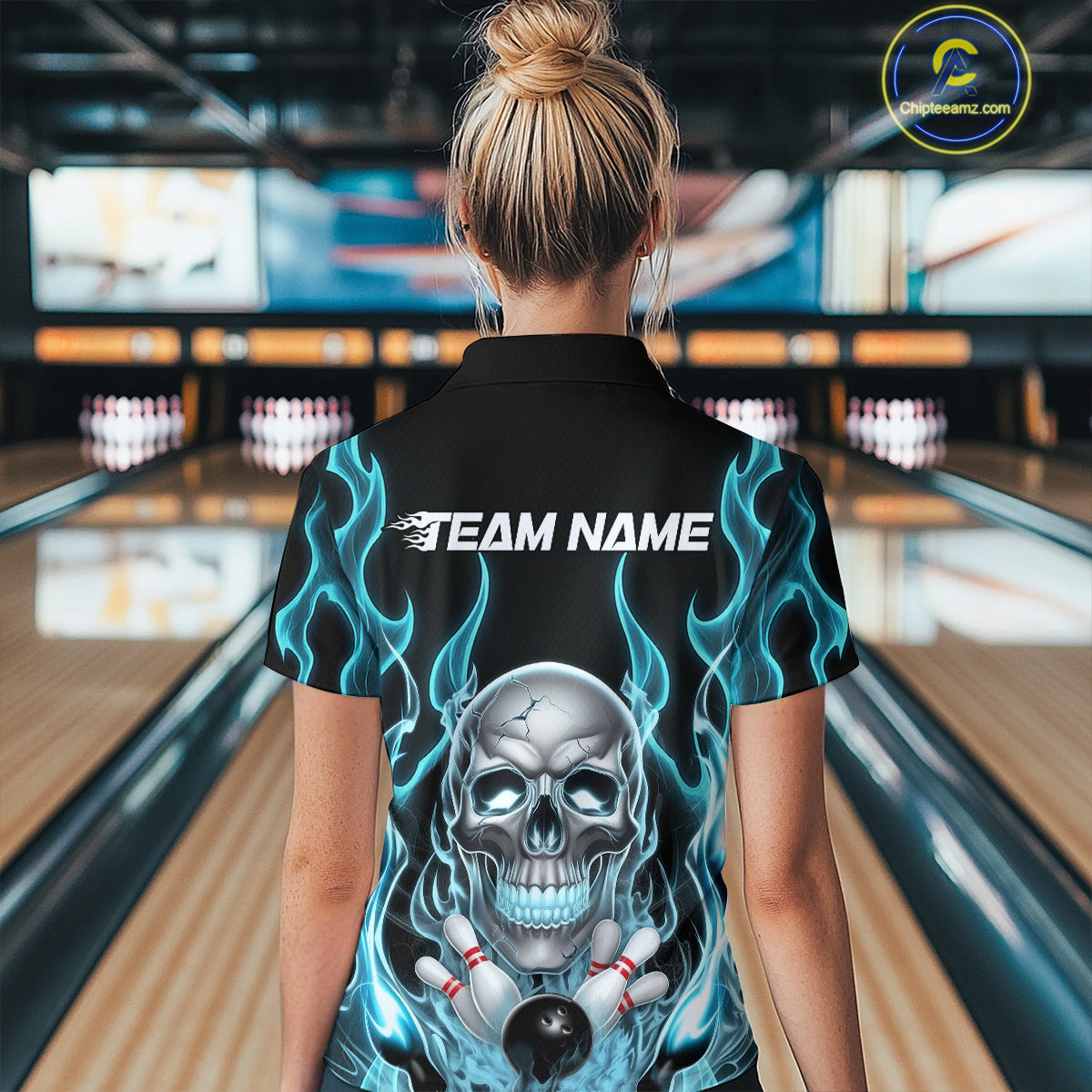 Custom Blue Fire Flame Skull Bowling Women Quarter-Zip Shirt, Halloween Bowling Outfit IPHW9491