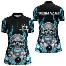 Load image into Gallery viewer, Custom Blue Fire Flame Skull Bowling Women Quarter-Zip Shirt, Halloween Bowling Outfit IPHW9491