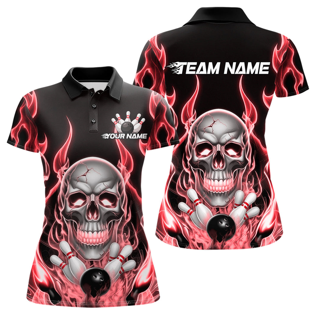 Custom Red Fire Flame Skull Bowling Polo Shirts For Women, Halloween Bowling Team Outfit IPHW9492