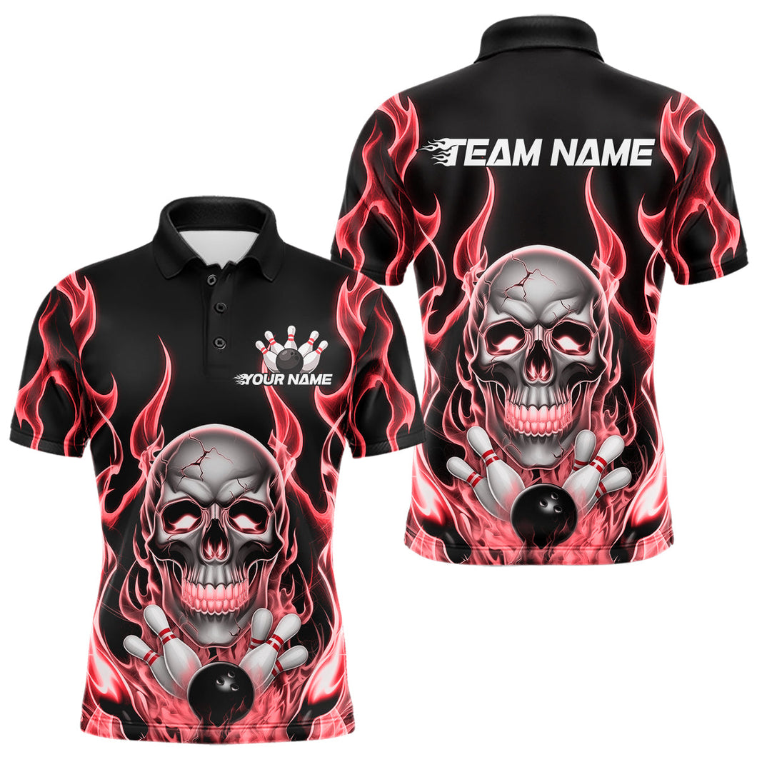 Custom Red Fire Flame Skull Bowling Polo Shirts For Men, Halloween Bowling Team Outfit IPHW9492