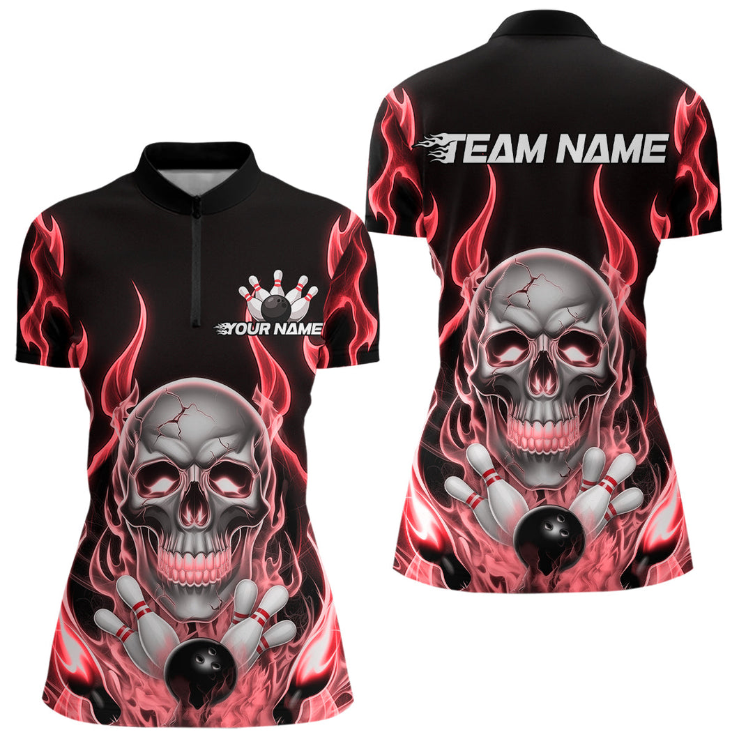 Custom Red Fire Flame Skull Bowling Women Quarter-Zip Shirt, Halloween Bowling Outfit IPHW9492