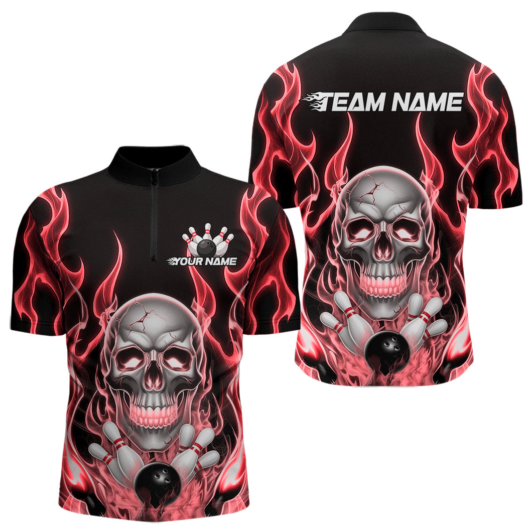 Custom Red Fire Flame Skull Bowling Quarter-Zip Shirts For Men, Halloween Bowling Team Outfit IPHW9492
